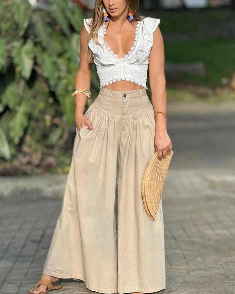 Two-piece set of cropped ruffled top & wide-leg pants