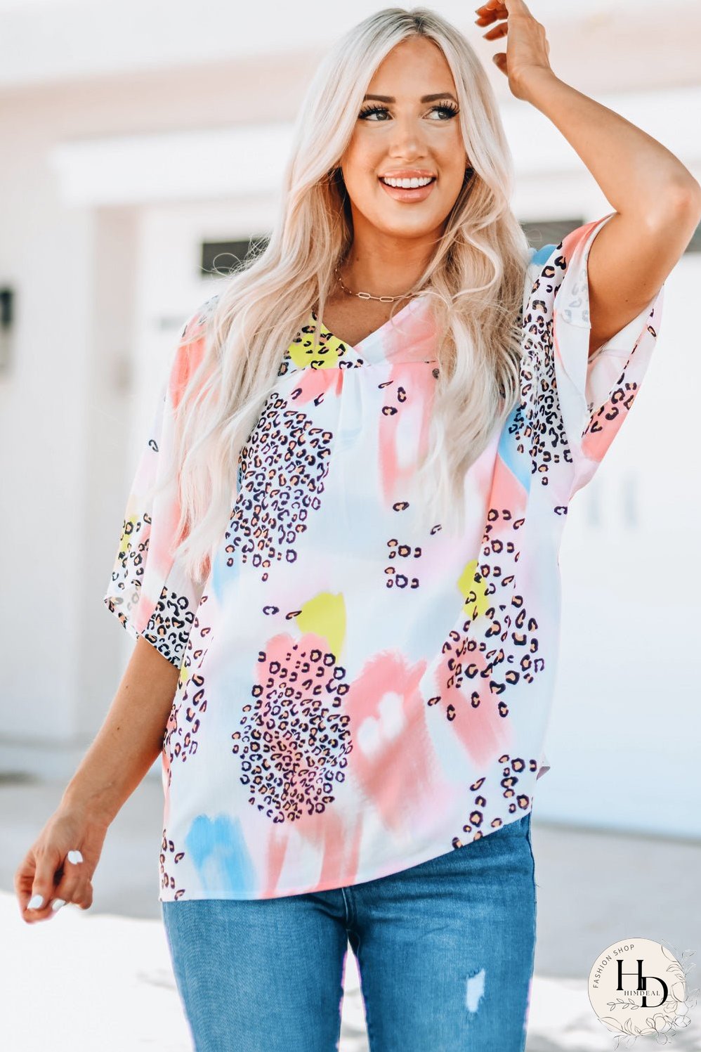 Whimsical Watercolor Animal Print V-Neck Blouse