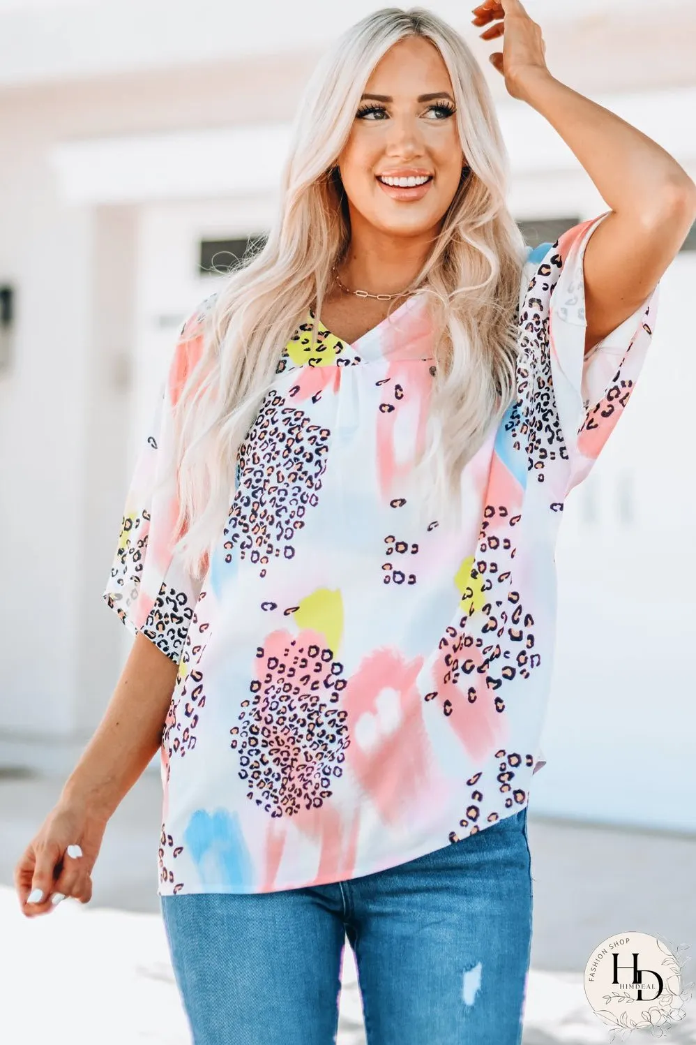 Whimsical Watercolor Animal Print V-Neck Blouse
