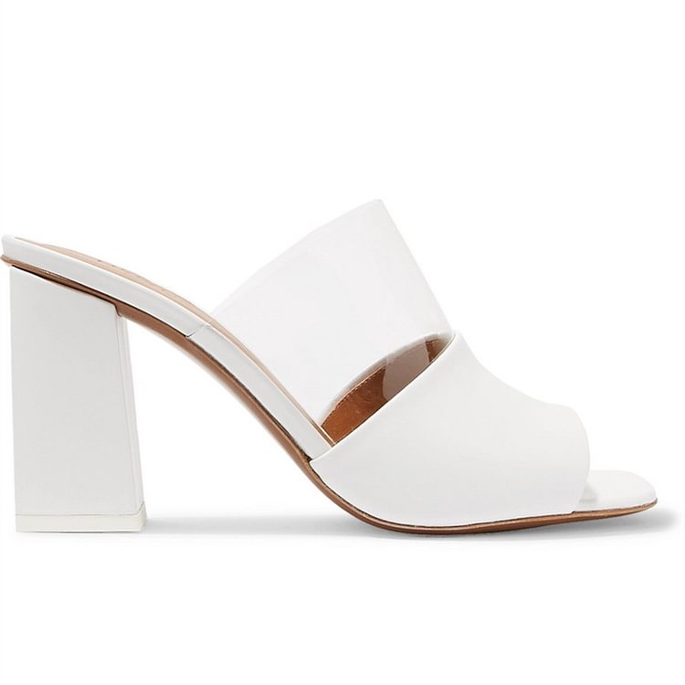 White Peep Toe Clear Mule Block Heels Sandals |FSJ Shoes