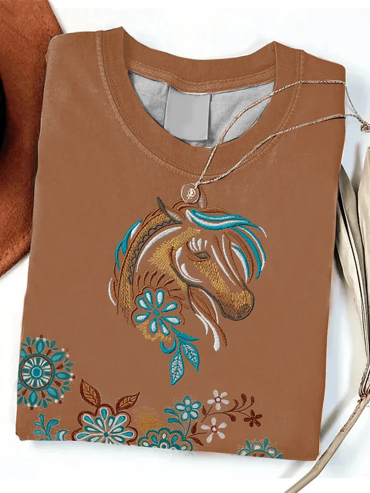 Retro Western Horse Print Short Sleeve Crew Neck T-Shirt