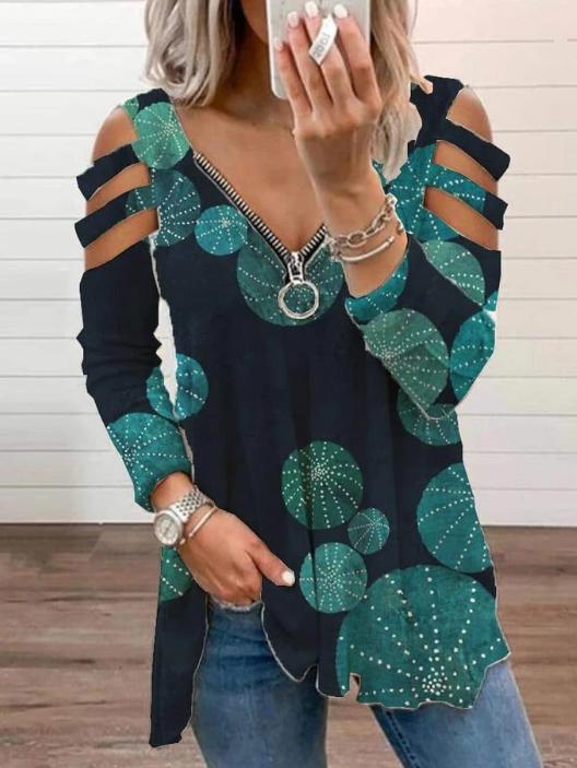 Women Long Sleeve V-neck Graphic Floral Printed Top