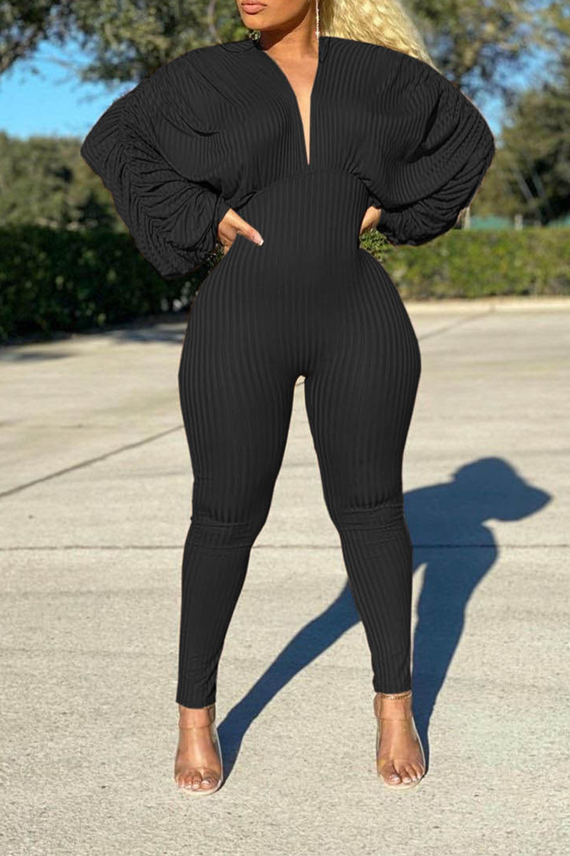 Casual Solid Split Joint V Neck Skinny Jumpsuits