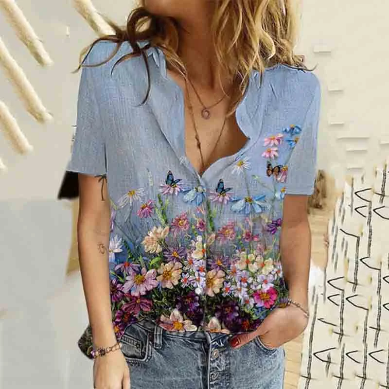 Floral Print Lapel Short Sleeve Shirt