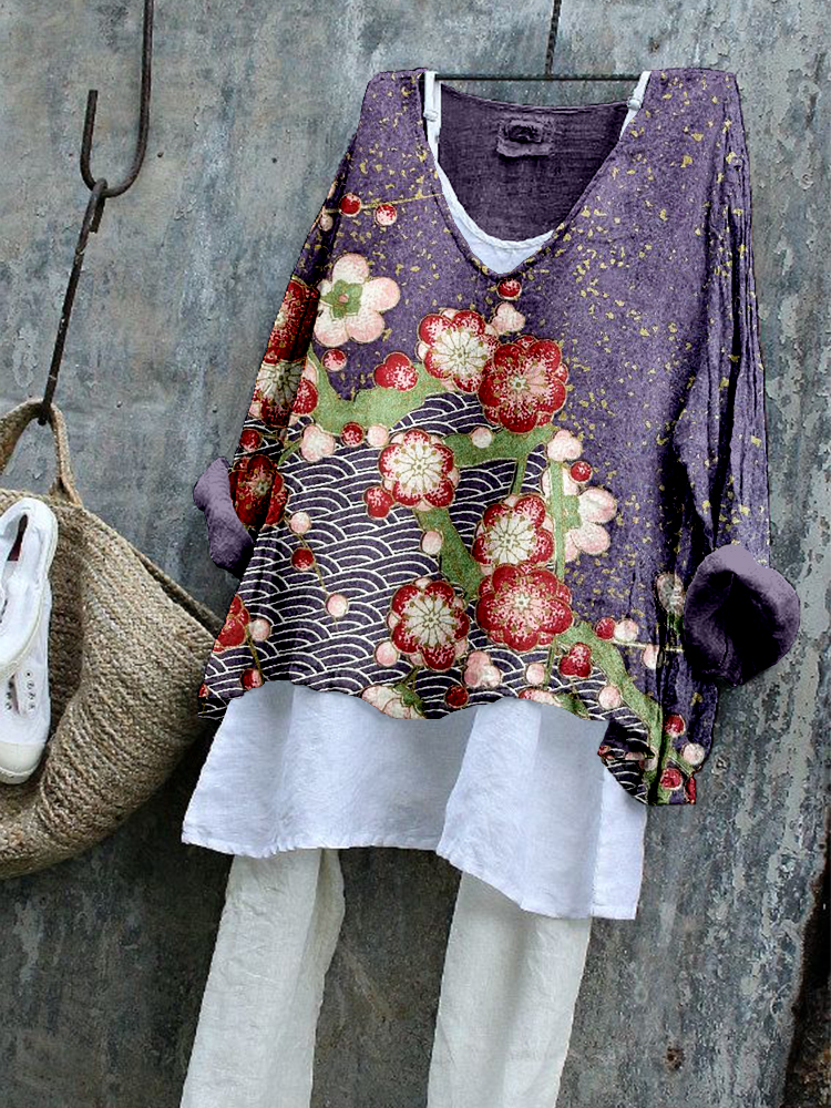 Comstylish Japanese Plum Blossom Art Linen Blend Tunic