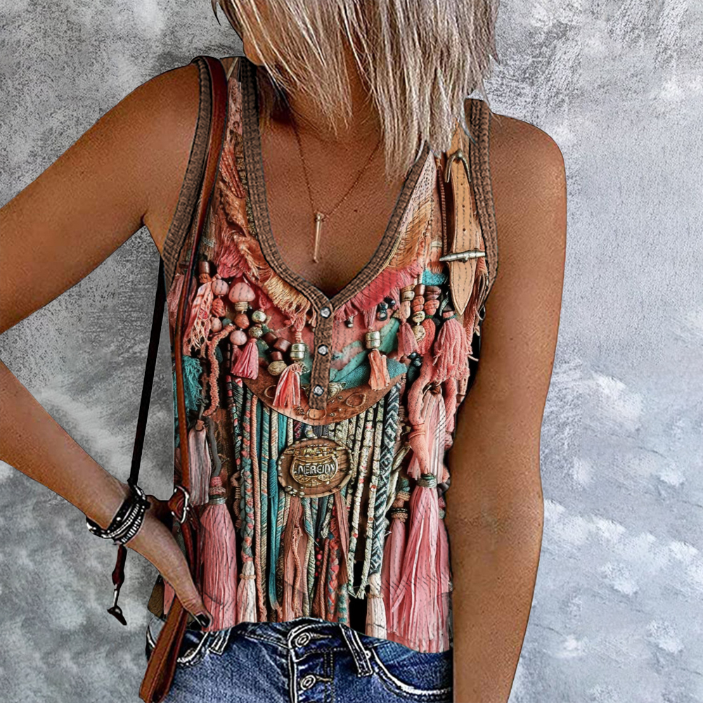 Comstylish Vintage Tassel Printed V-Neck Button Tank Top