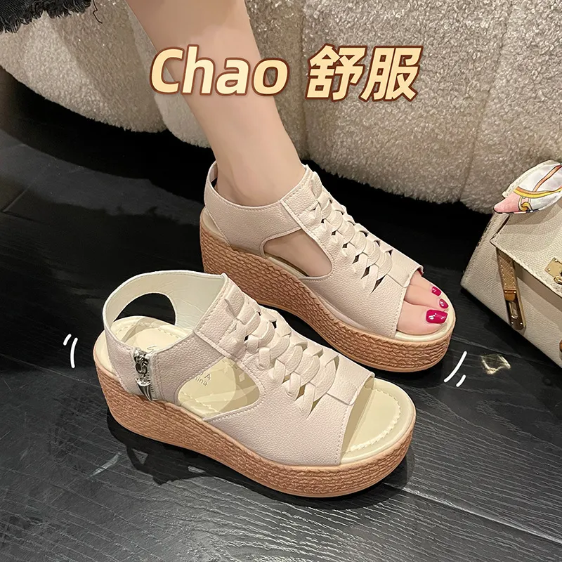 Breakj Breakj With Loose Cakes And Women's Sandals New Fish Mouth Slope Heels High-Heeled Sandals Hollow Zipper Women's Shoes 35-43 7CM