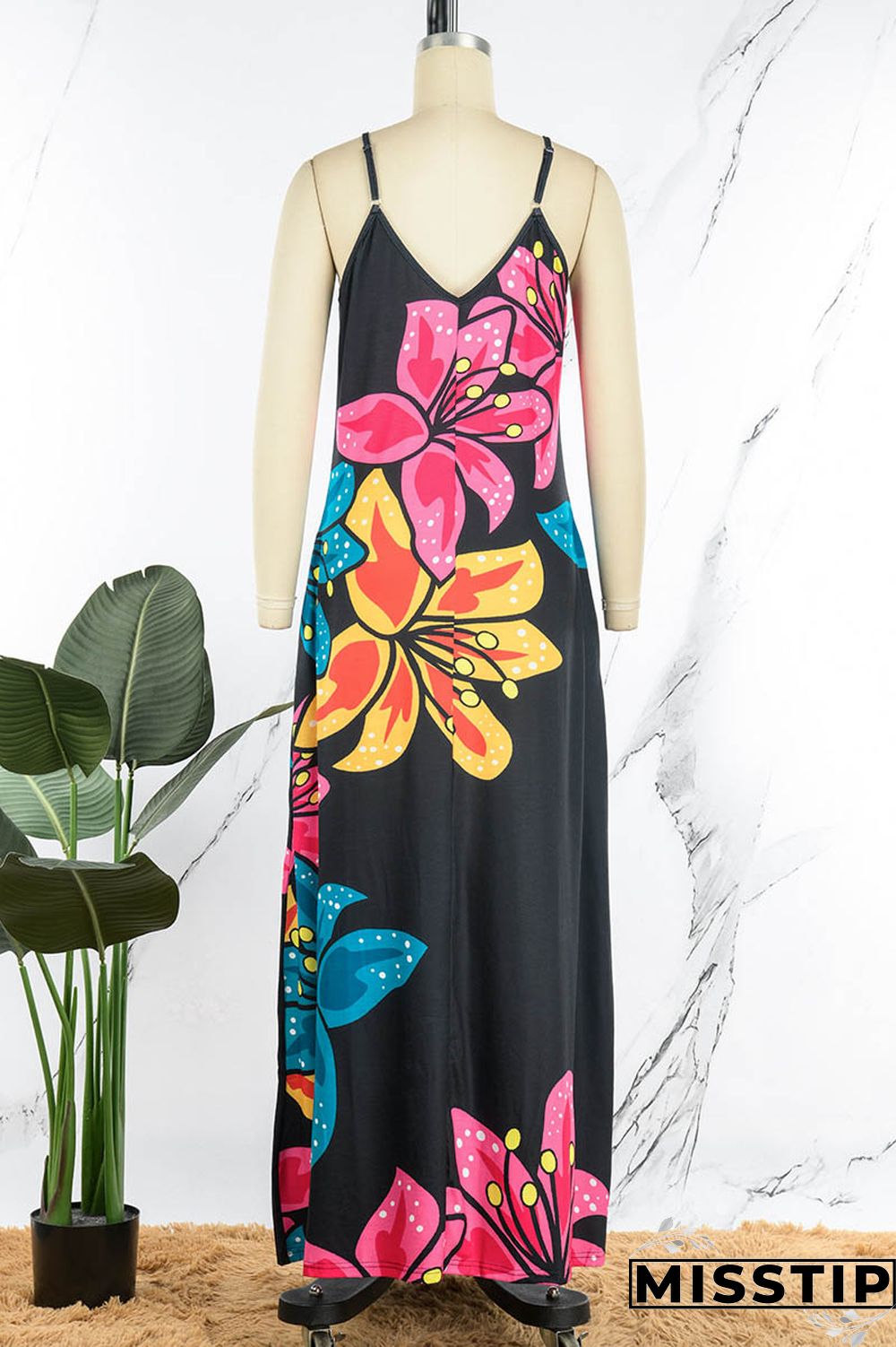 Blue Black Casual Print Patchwork Spaghetti Strap Sling Dress Dresses