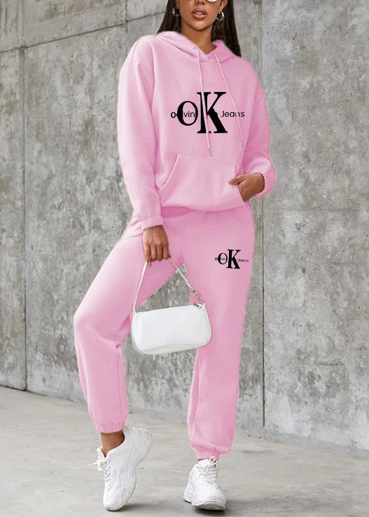 Casual Pink Hooded Graphic Cotton Two-Piece Set Spring