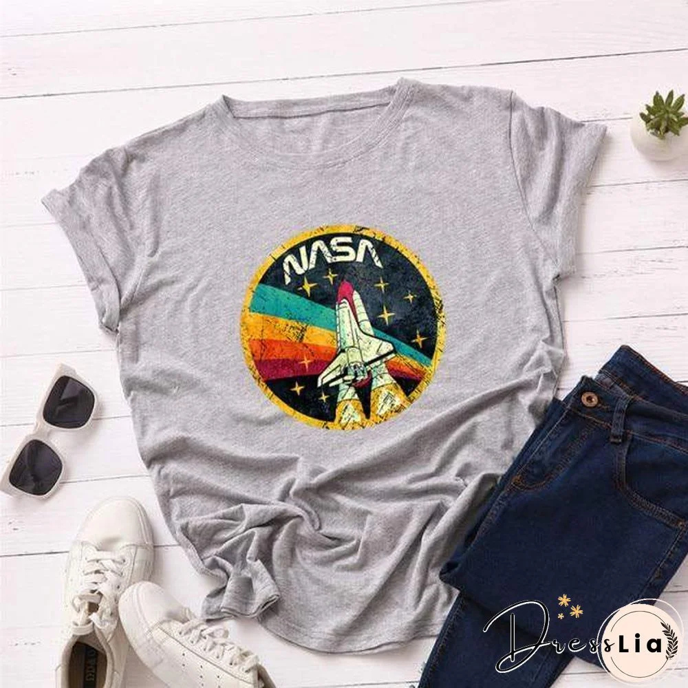 Summer Plus Size Shirt S-5XL New ROCKET Print TShirt Women 100%Cotton O Neck Short Sleeve Tees Casual Tops Woman TShirts
