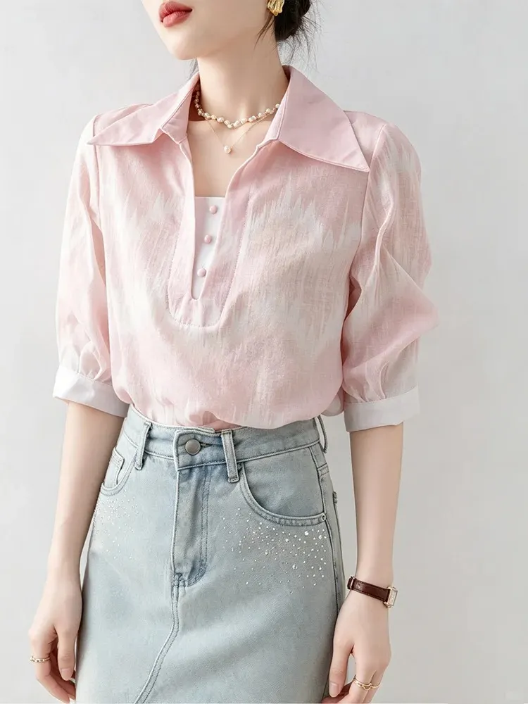 Pink Textured Puff-Sleeve Blouse