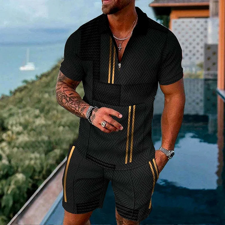 BrosWear Fashion Black Line Printing Polo Shirt And Shorts Co-Ord