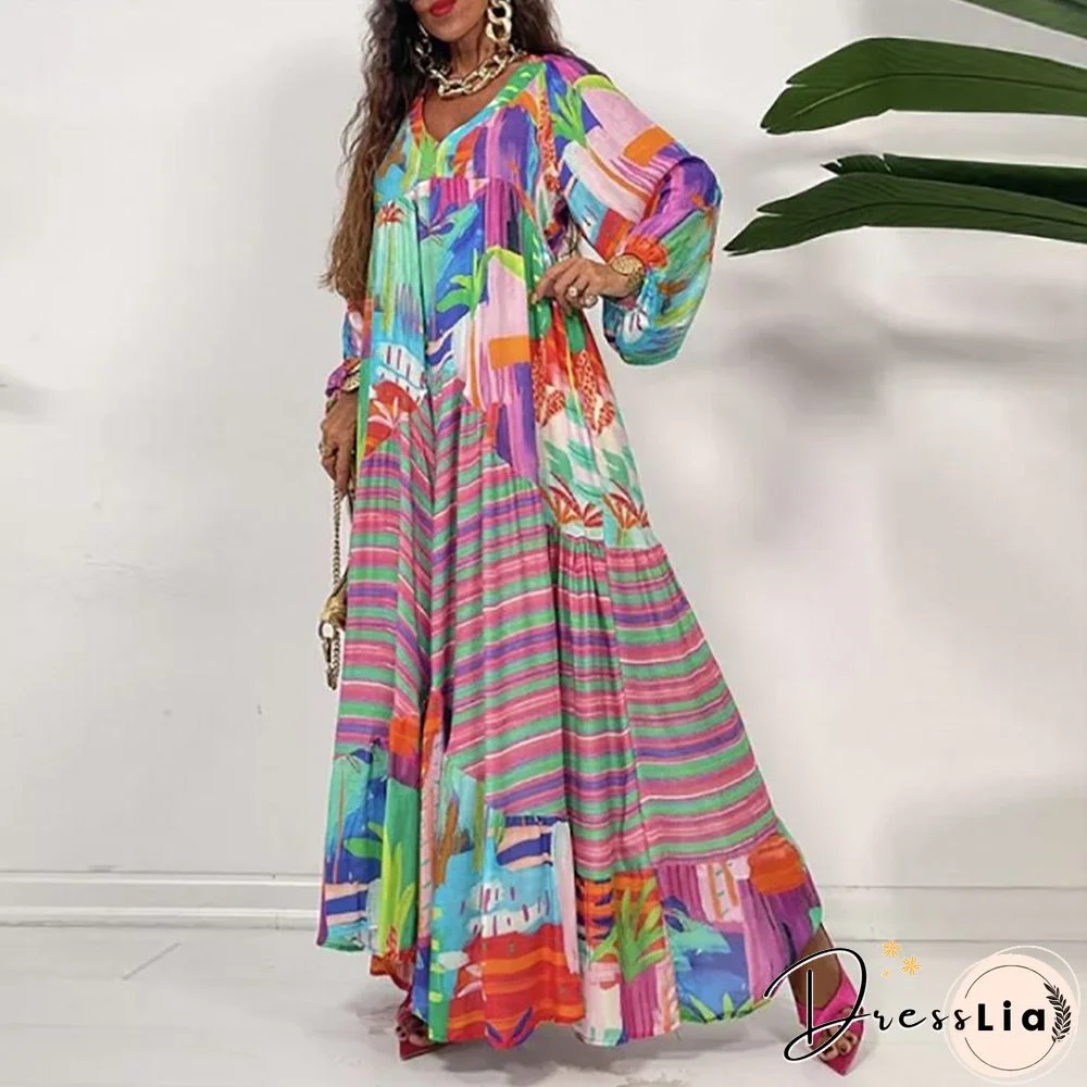 Women Vintage Bohemian Printed Long Dress Autumn Casual Half Sleeve V Neck Loose Dress Ladies Fashion Draped Big Hem Dresses New