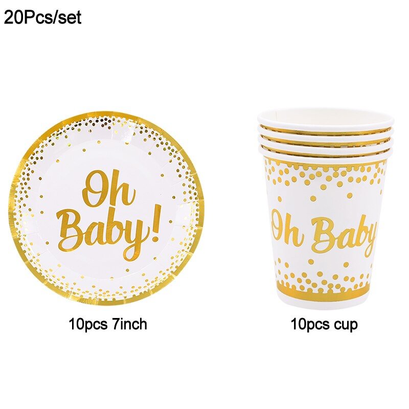 Oh Baby Gold Dot Disposable Tableware Set Boy Girl Baby Shower Favor Gender Reveal Balloon Banner Kids Birthday Party Decoration