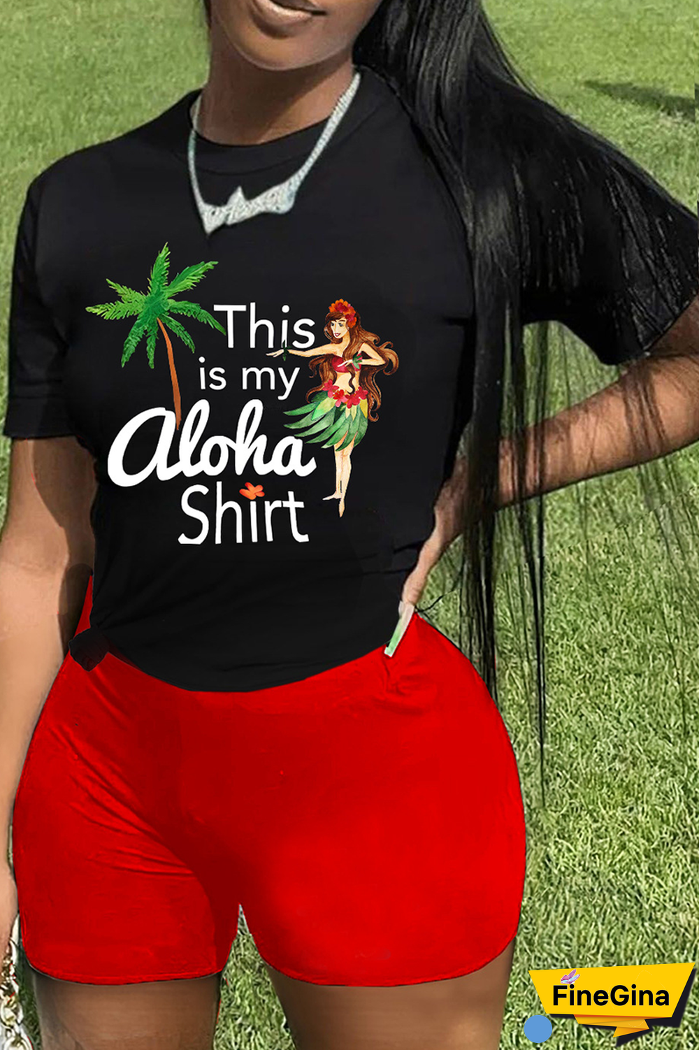 Black Pink Street Print Patchwork O Neck Short Sleeve Two Pieces