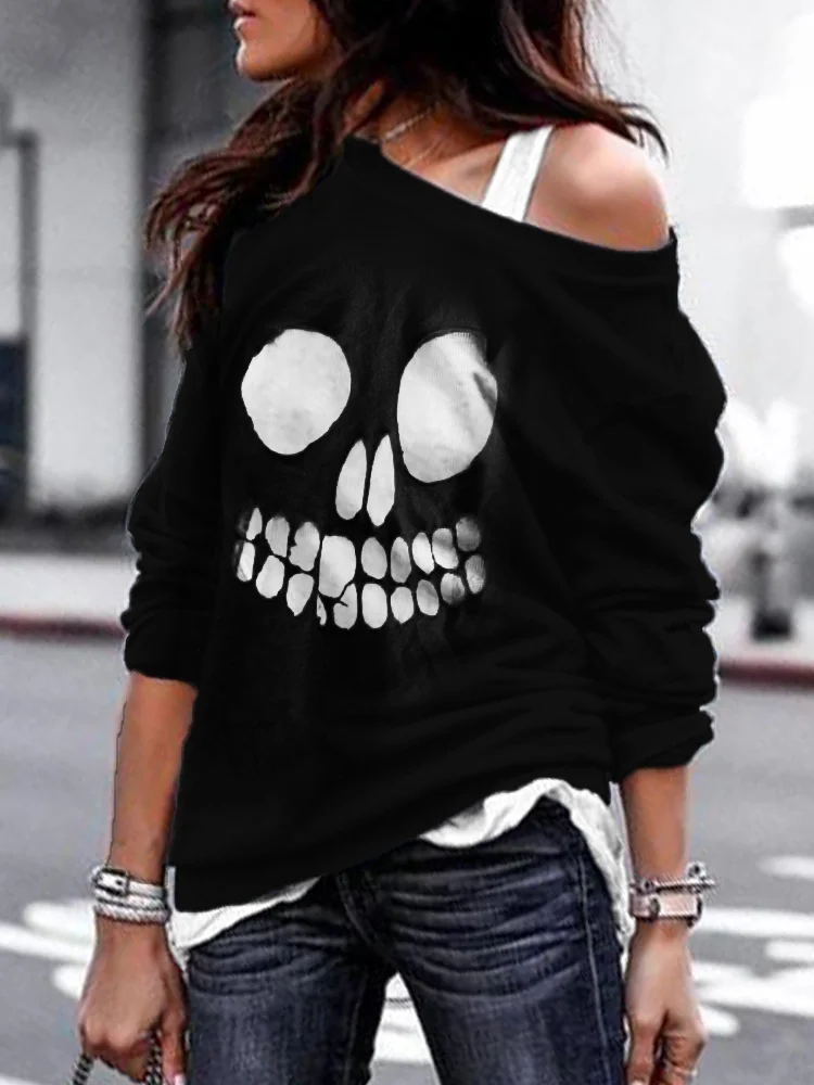 Wearshes Skull Face Hollow Carved Art Sweatshirt