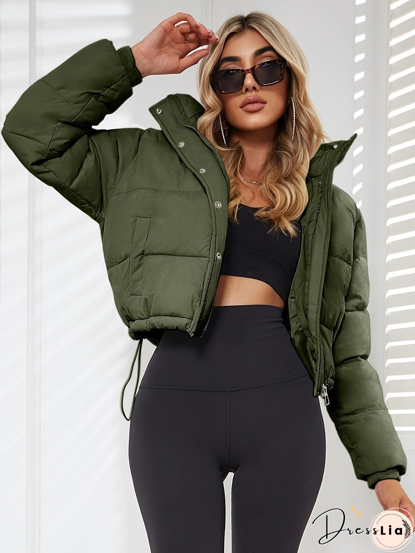 Solid Drawstring Pleated Slim Coat-Long Sleeve-Womens Clothing