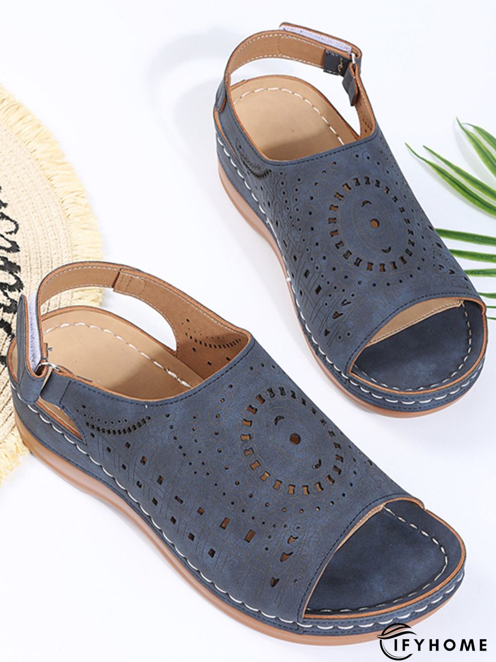 Ethnic Pattern Punched Hollow Velcro Vintage Sandals | IFYHOME