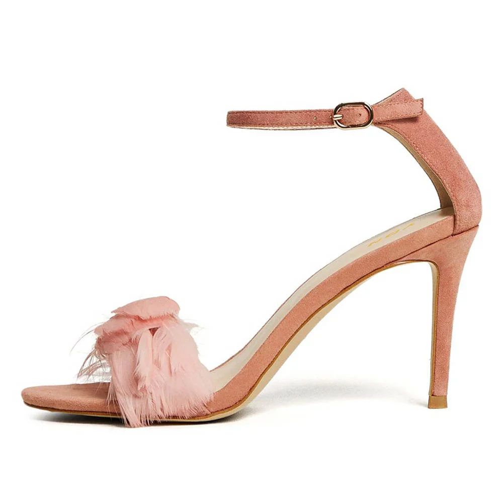 Pink Feathers Buckle Ankle Strap Stiletto Heel Dress Sandals for Women