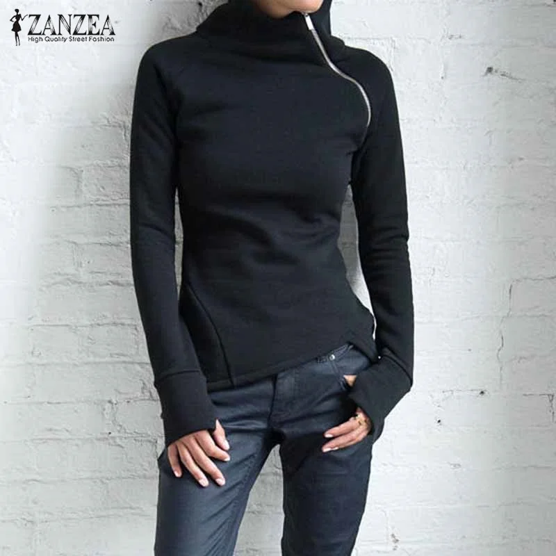 ZANZEA Winter Hoodies Sweatshirts 2021 Women Hoodies Casual Long Sleeve Pullover Turtleneck Slim Fit Zipper Sweatshirt Oversized