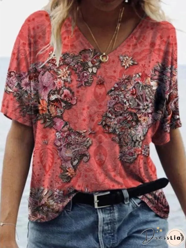 Fashion Map Printed V-neck Short-sleeved T-shirt for Women