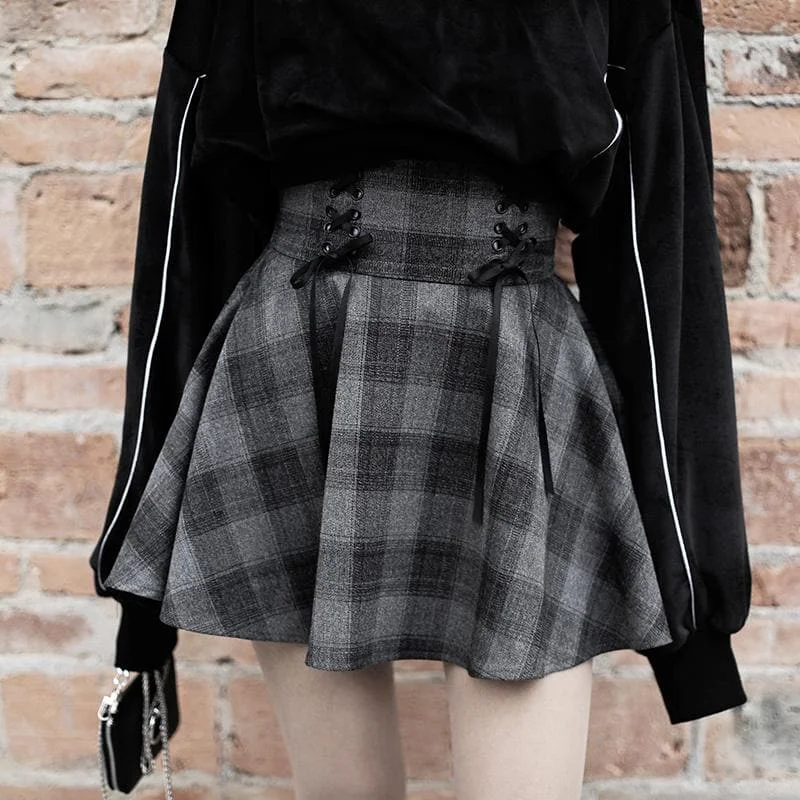 Dark Grey High Waist Plaid Cross Skirt S12878