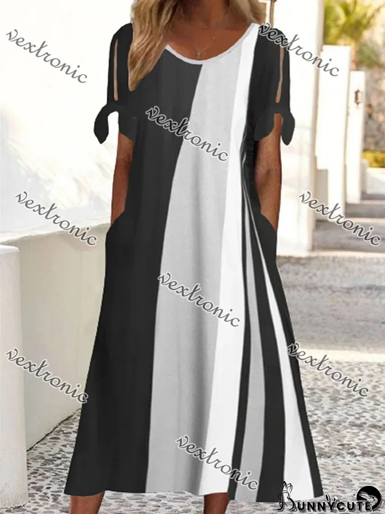 Women's Black Scoop Neck Short Sleeve Graphic Midi Dress