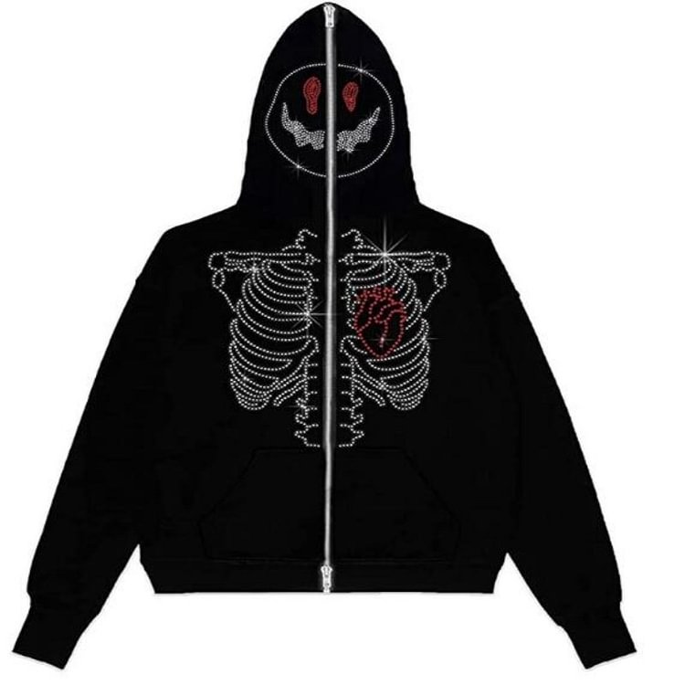 Rhinestone Skull Skeleton Oversized Zip Hoodie Jacket Y2K Clothes