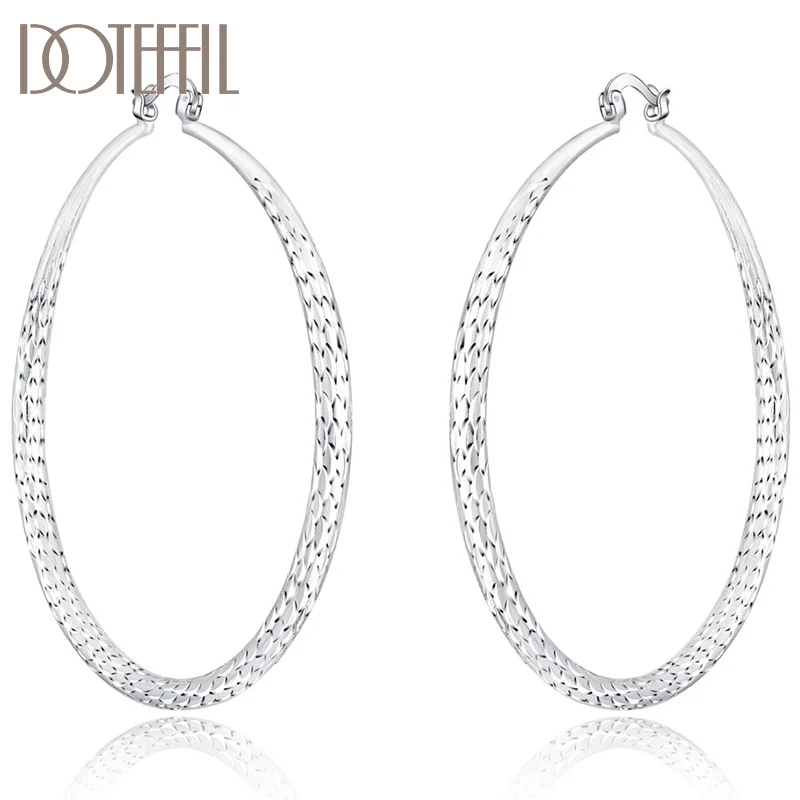 DOTEFFIL 925 Sterling Silver Big Circle 70mm Grain Hoop Earring For Woman Jewelry
