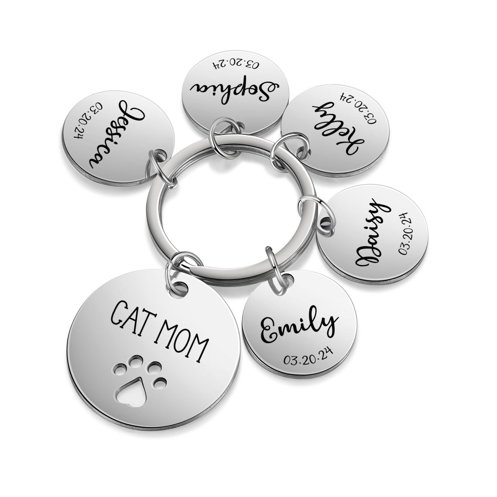 Personalised 5 Names & 5 Dates & 1 Text Keychain Cat Paw Circle Charm Keychain Gifts for Mother/Grandma-Jessemade AU