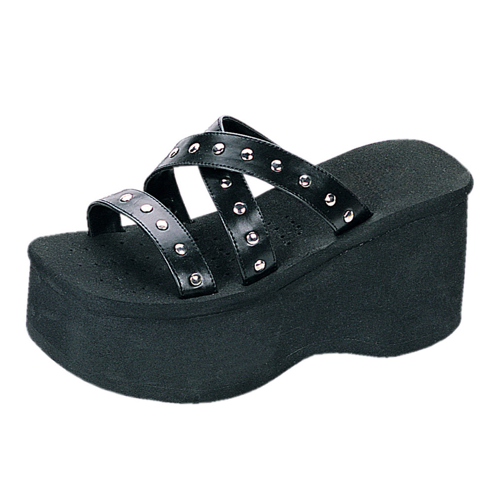 Black Multiple Studded Straps Open Square Toe Slides with Platform Nicepairs