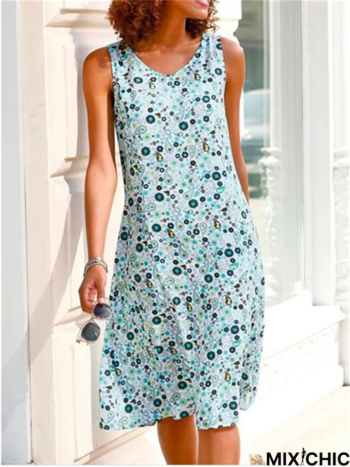 Casual Round Neck Sleeveless Printed Dress