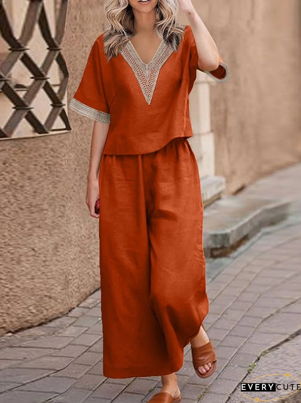 Casual Lace Stitched Loose Shirt Wide Leg Pants Set