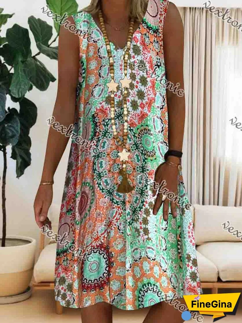 Women Casual Sleeveless V-neck Floral Printed Midi Dress