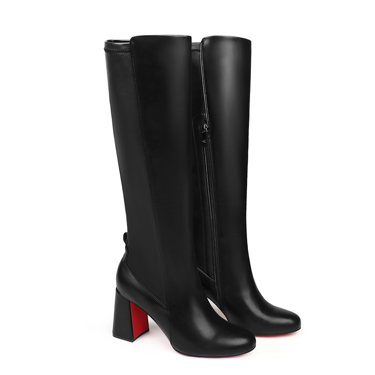 85mm Women's Chunky Heels Knee Boots Red Bottom Black Matte Knee Boots-MERUMOTE