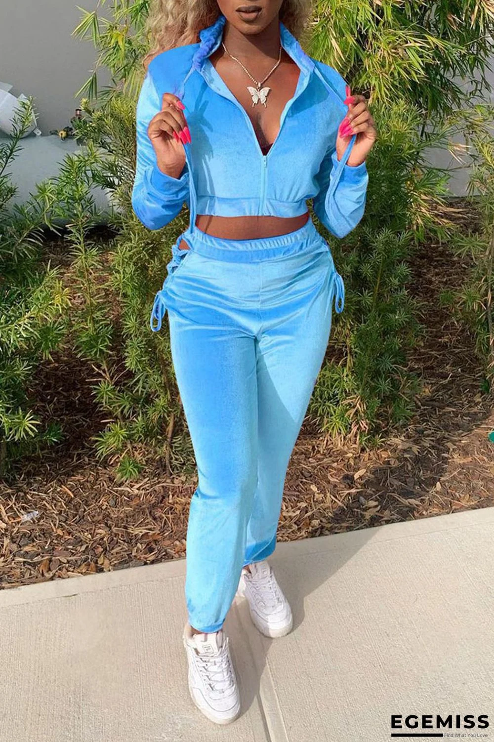 Blue Casual Solid Hollowed Out Patchwork Frenulum Fold Zipper Hooded Collar Long Sleeve Two Pieces | EGEMISS