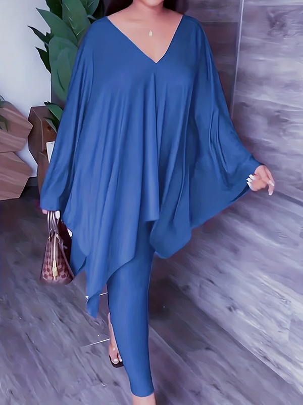 Batwing Sleeves Loose Solid Color V-Back V-Neck Shirts Tops&Pants Two Pieces Set