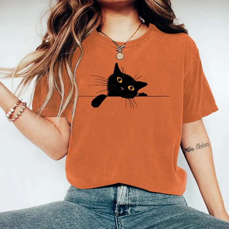 VChics Women's Abstract Creative Cute Black Cat Art Print T-shirt