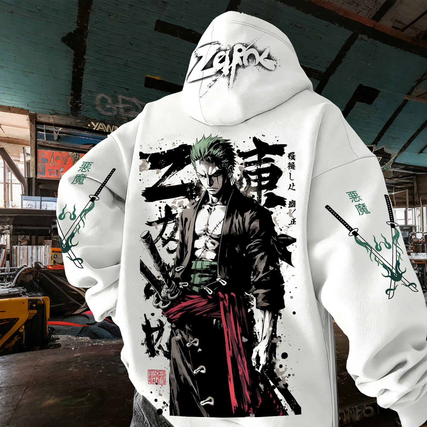  Anime-Inspired Hoodie with Unique Graphic Design and Samurai Sword Art