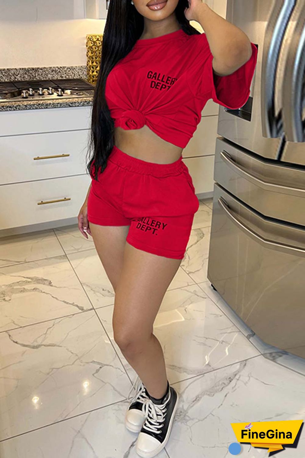 Red Casual Letter Print Basic O Neck Short Sleeve Two Pieces