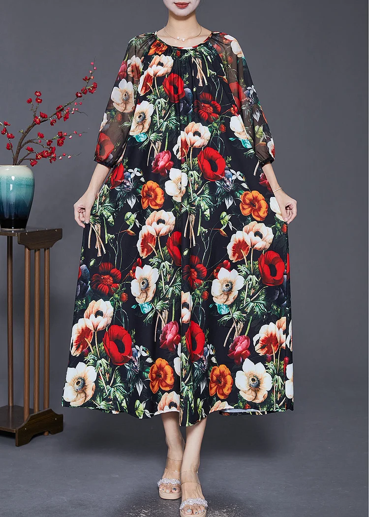 French Black Oversized Floral Print Draping Chiffon Dresses Summer