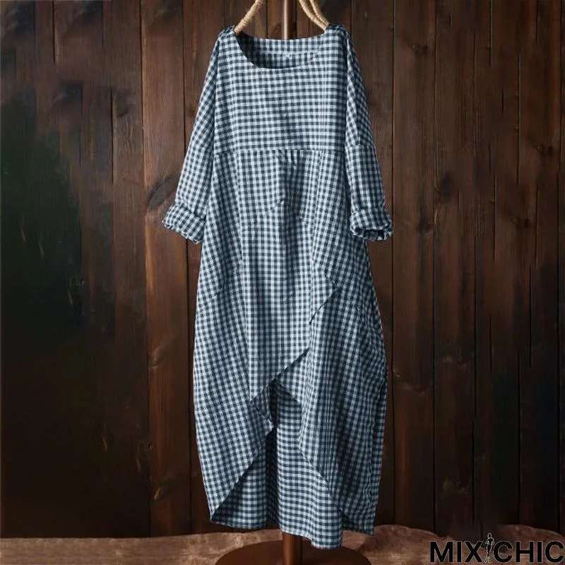 Plaid stitching long sleeve casual dress