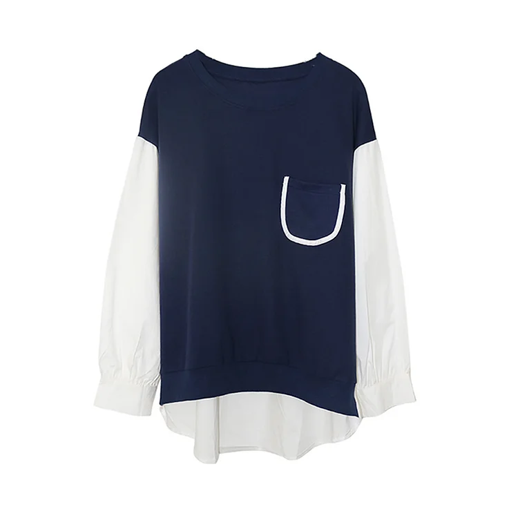 Casual Loose Round Neck Contrast Color Patchwork Long Sleeve T-shirt 