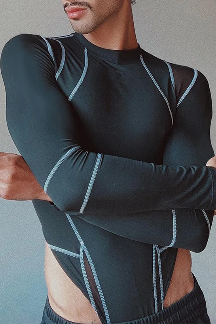 Casual Patchwork Stretchy Bodycon Thong Bodysuit