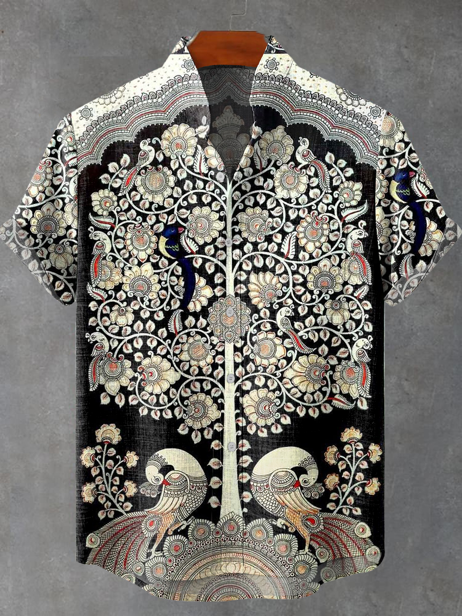 Vintage Abstract Ethnic Geometric Tree And Bird Illustration Art Print Casual 100% Cotton Shirt
