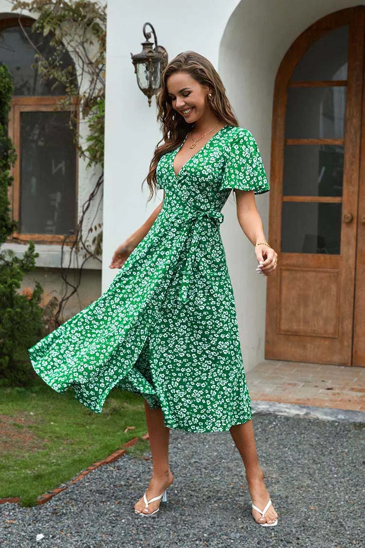 Neve V-neck Bell Sleeve Tie Waist A-Shape Dress