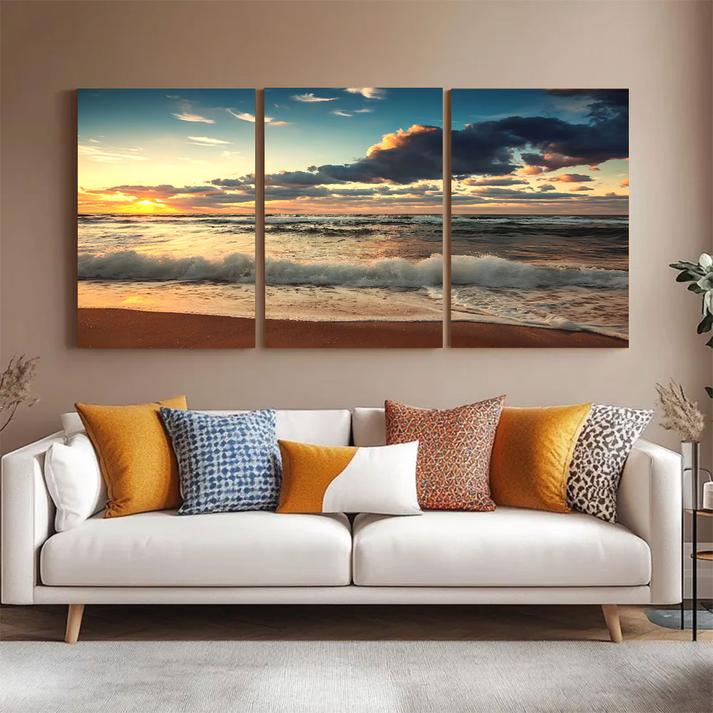 3-Piece Set Ocean Waves Under a Dramatic Sunset Sky Canvas Art