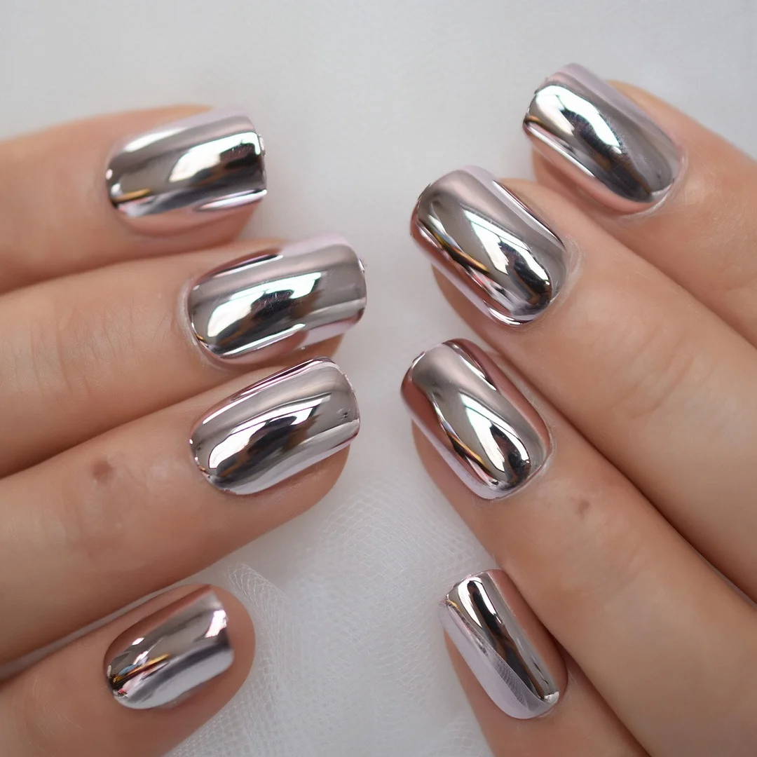 Squoval Reflective Chrome Electroplating Press On Fingernails Nails Art Flase Nails Tips Full Cover Cool Nails Supplying Design
