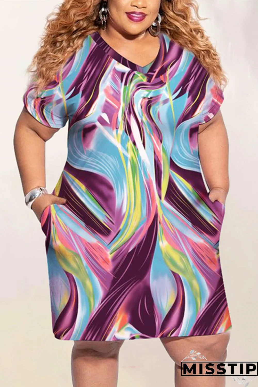 Purple Fashion Casual Printed Short Sleeve Plus Size Dress