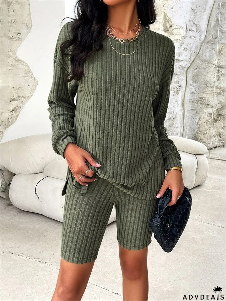 Female Pure Color Leisure Knitted Sweater + Shorts Two-piece Set